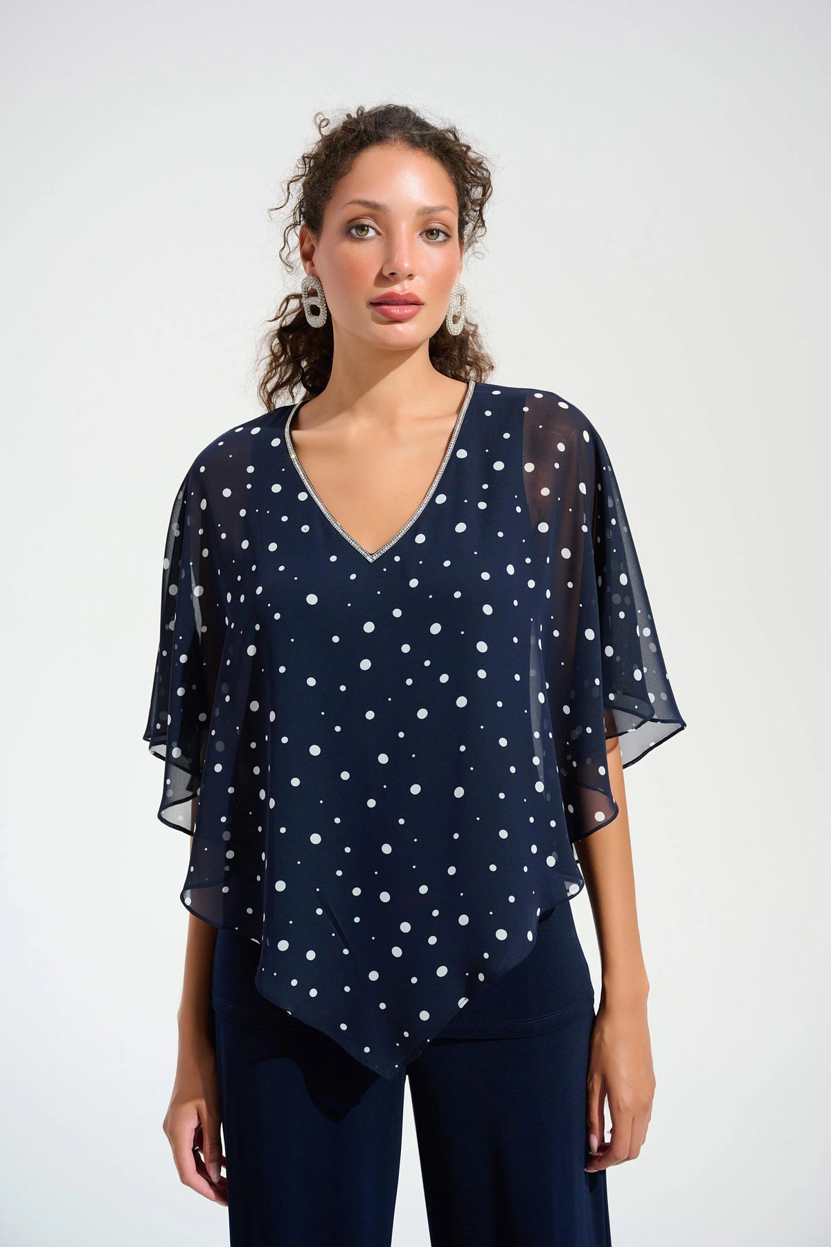 Joseph Ribkoff Midnight Blue/Vamilla Signature | Silky Knit Dot Print Poncho With Rhinestones Trim