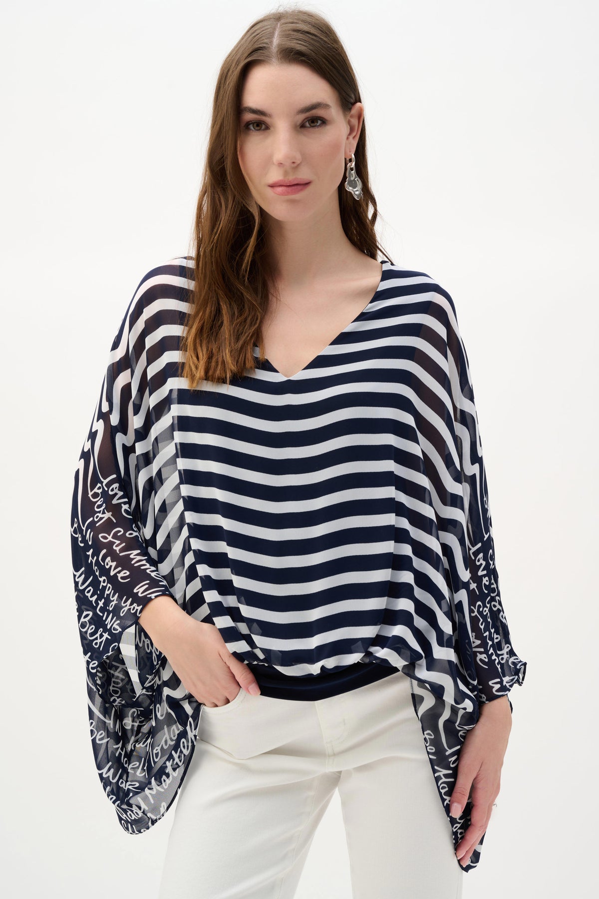 Joseph Ribkoff Midnight Blue/Vanilla Chiffon And Silky Knit Conversational Print Poncho Top