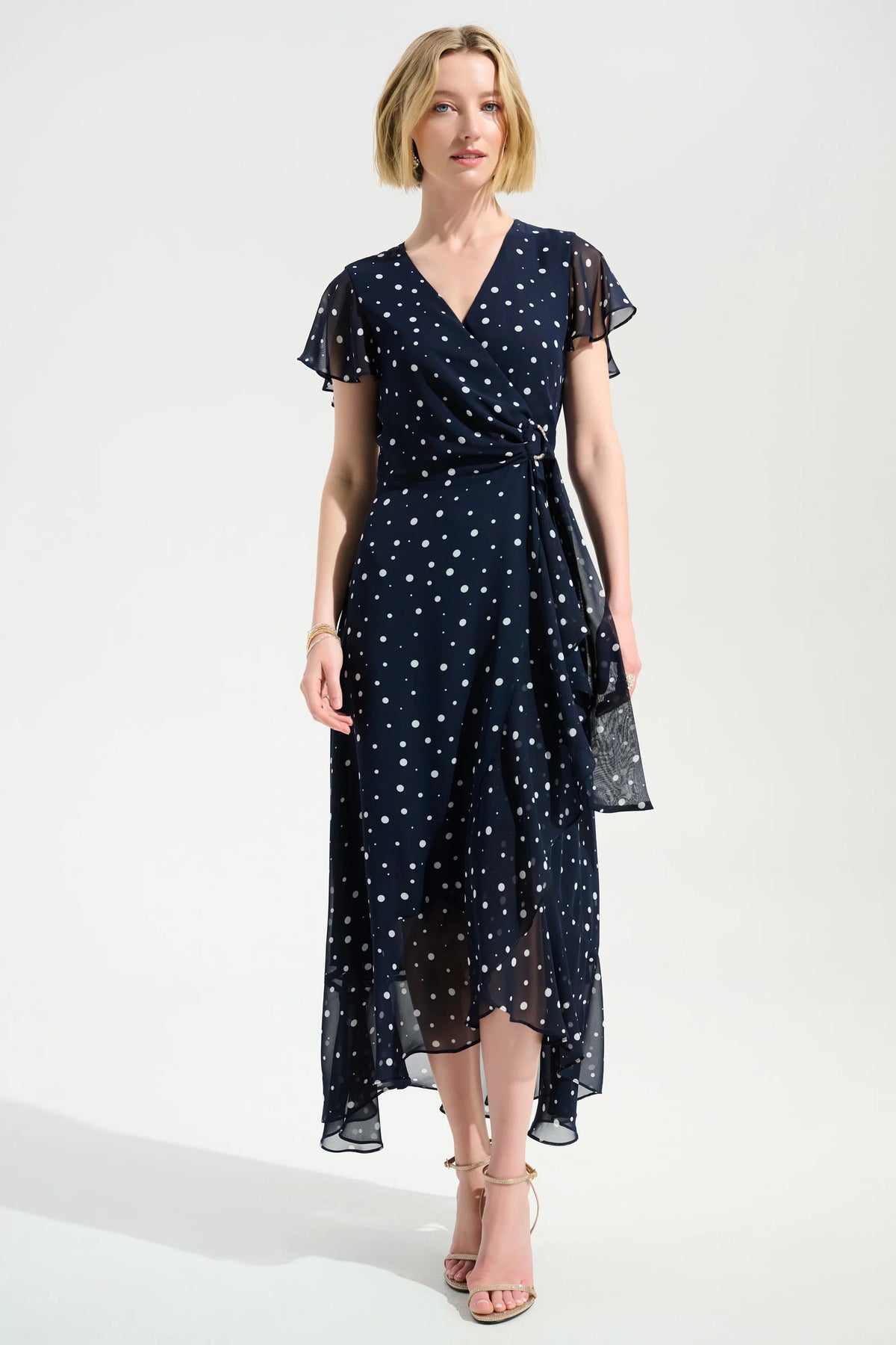 Joseph Ribkoff Midnight Blue/Vanilla Signature | Chiffon Print Wrap Dress With Ruffle Detail