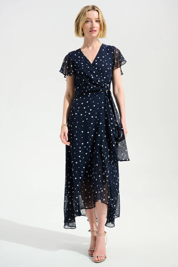 Joseph Ribkoff Midnight Blue/Vanilla Signature | Chiffon Print Wrap Dress With Ruffle Detail