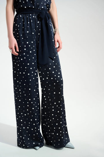 Joseph Ribkoff Midnight Blue/Vanilla Signature Satin Dot Print Wide Leg Pants With Contrast Sash