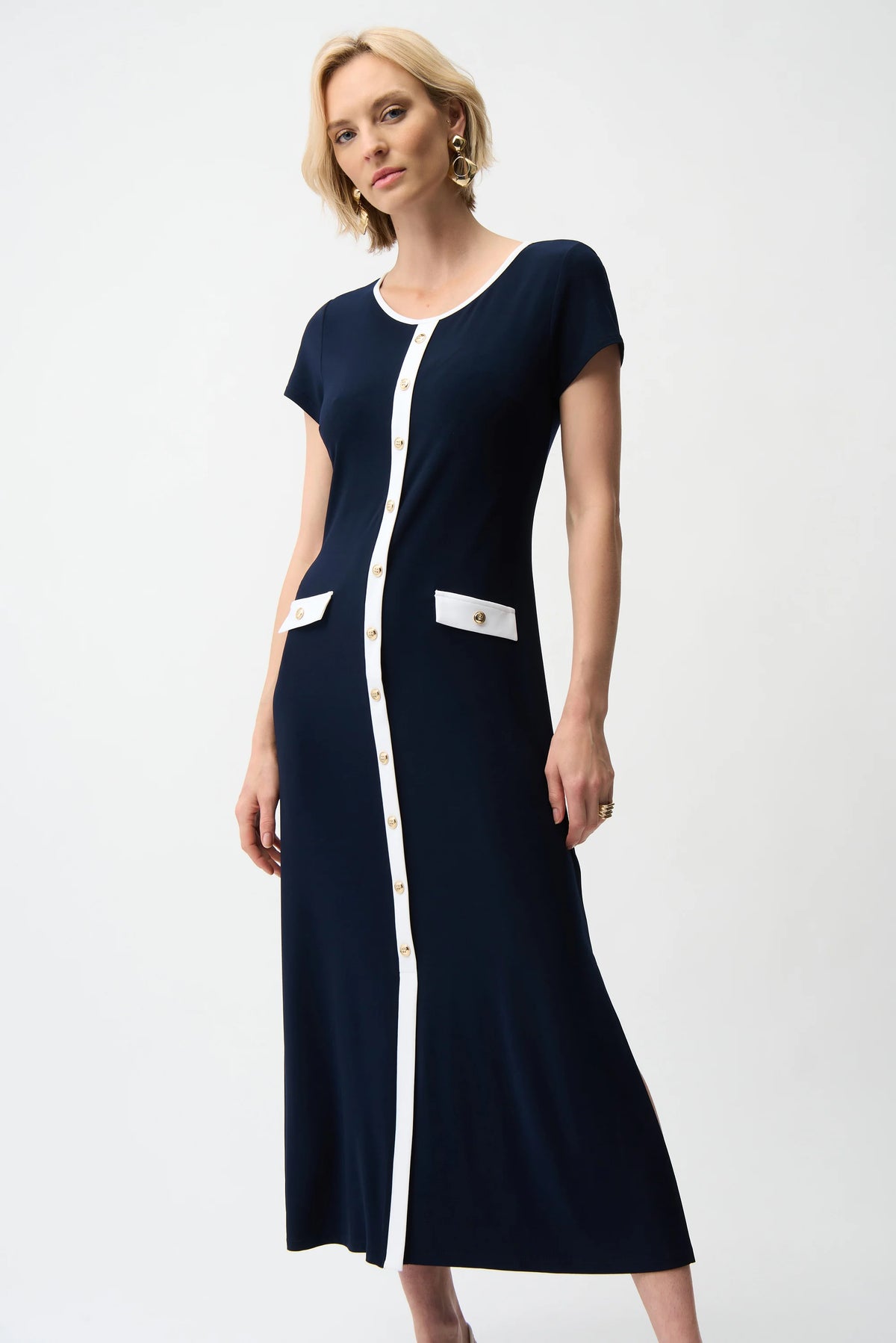 Joseph Ribkoff Midnight Blue/Vanilla Silky Knit Color Block A-Line Midi Dress