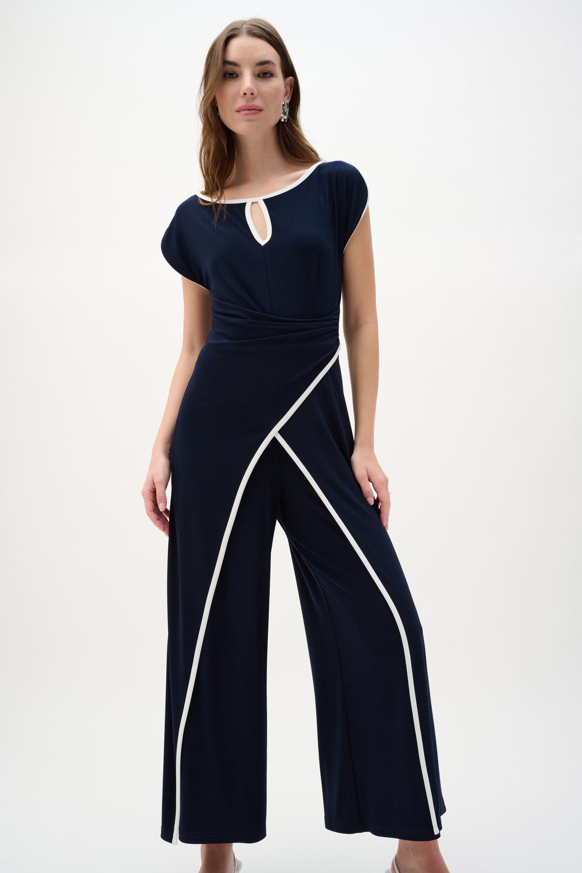 Joseph Ribkoff Midnight Blue/Vanilla Silky Knit Culotte Jumpsuit With Draped Bodice