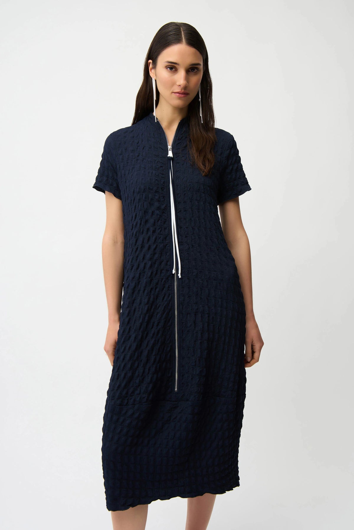 Joseph Ribkoff Midnight Blue/Vanilla Textured Knit Cocoon Dress With Front Zipper