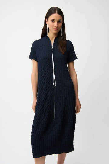 Joseph Ribkoff Midnight Blue/Vanilla Textured Knit Cocoon Dress With Front Zipper