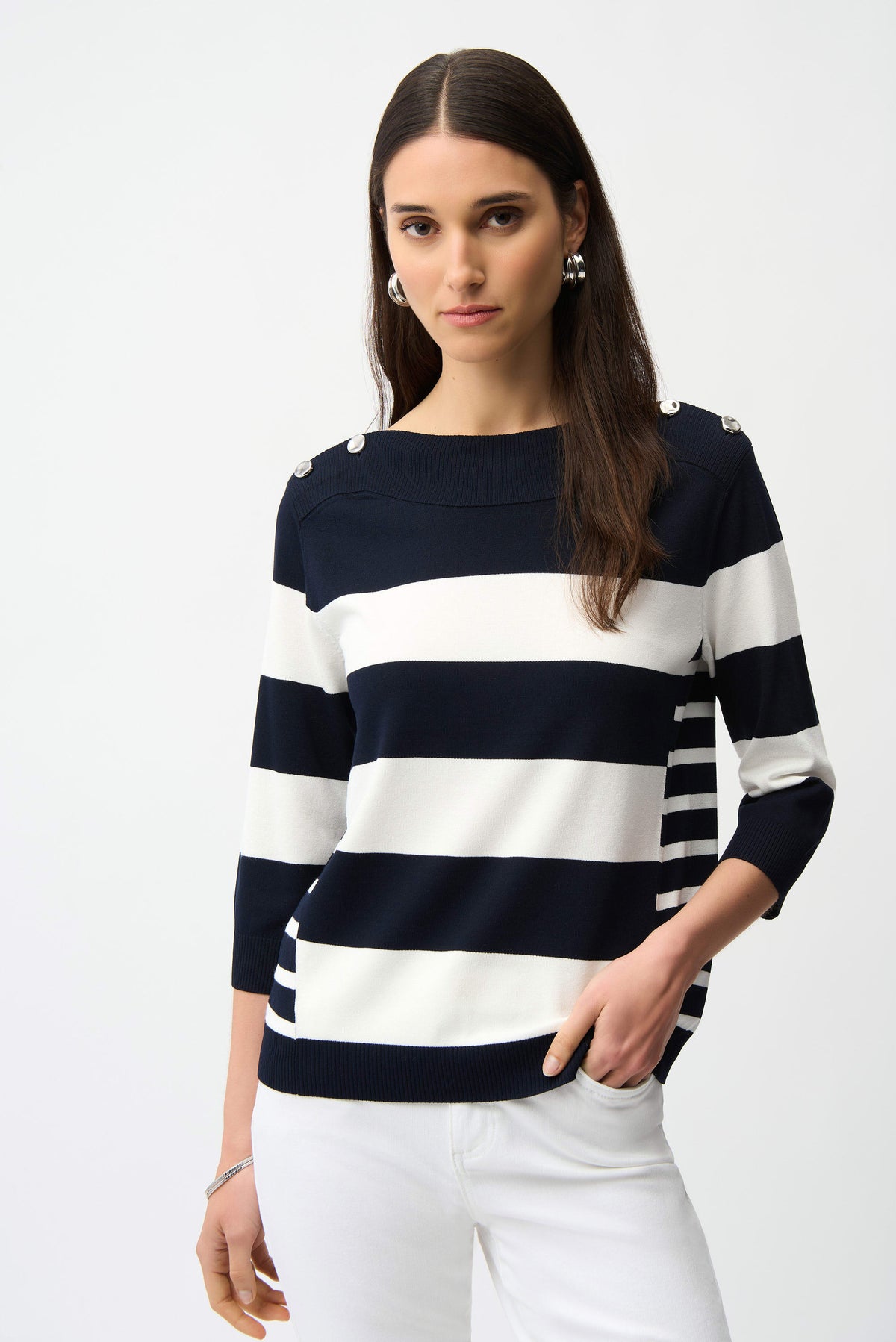 Joseph Ribkoff Midnight Blue/Vanilla Viscose Blend Stripe Print Long Sleeve Sweater with Boat Neckline