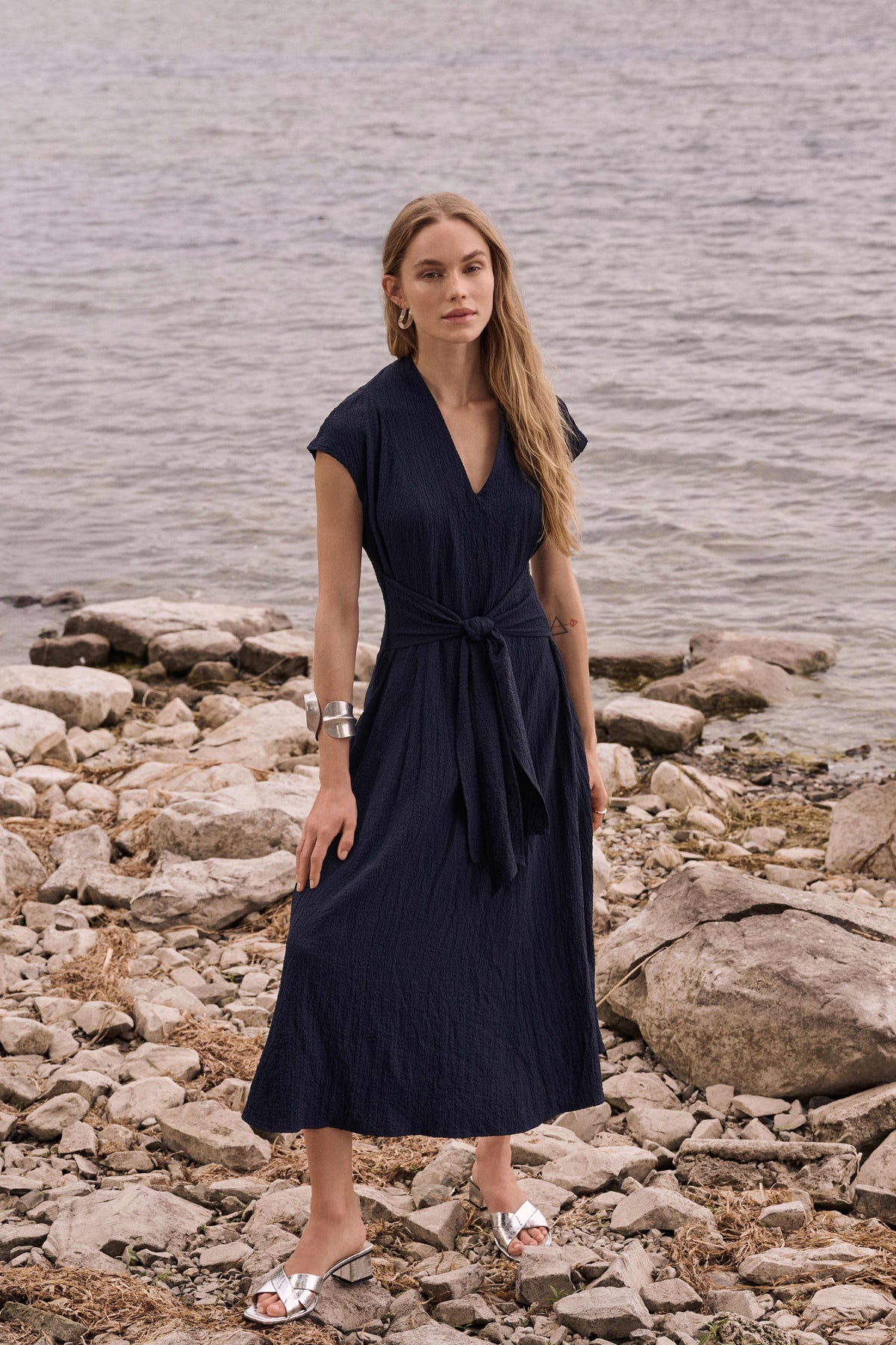 Joseph Ribkoff Midnight Blue Woven Seersucker Fit And Flare Dress
