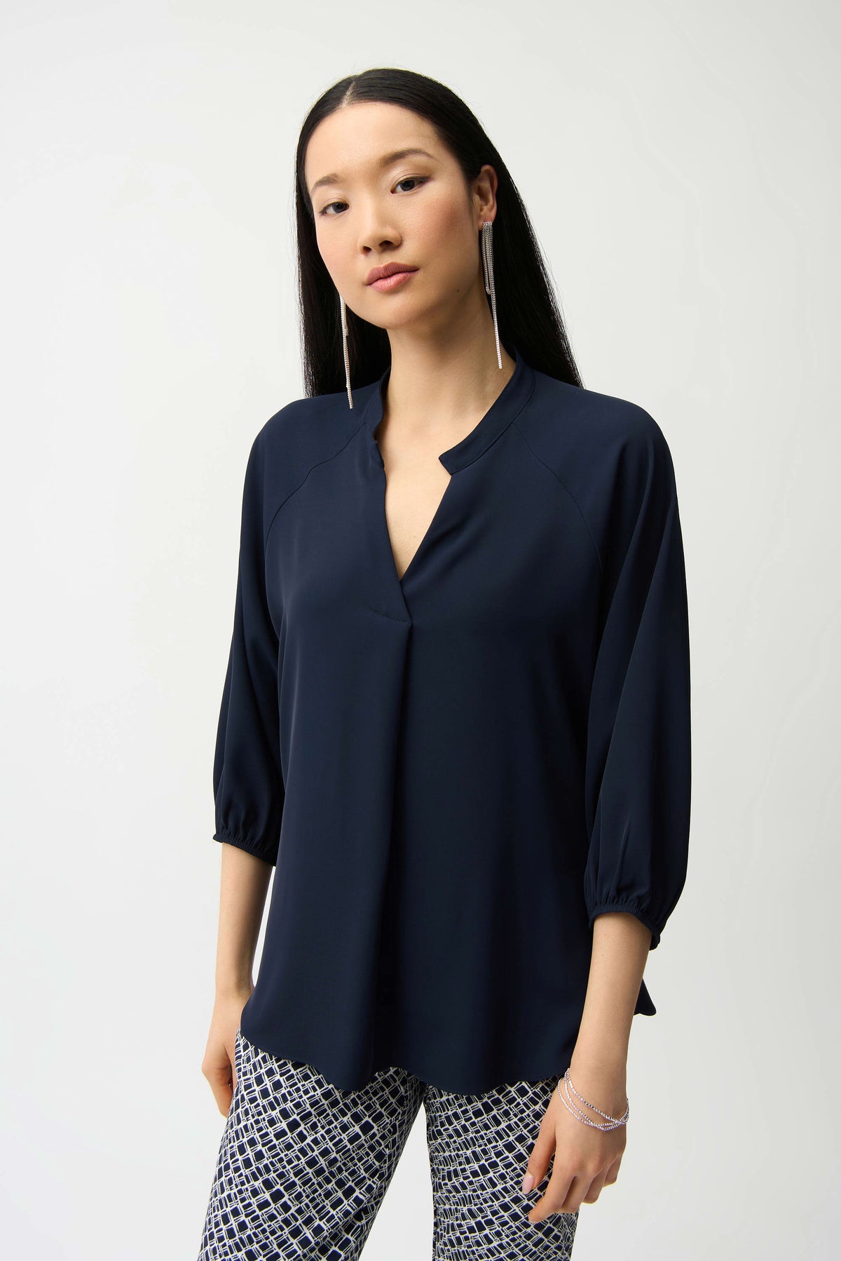 Joseph Ribkoff Midnight Blue Woven Twill Boxy Top With Mandarin Collar