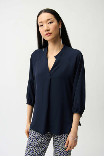 Joseph Ribkoff Midnight Blue Woven Twill Boxy Top With Mandarin Collar