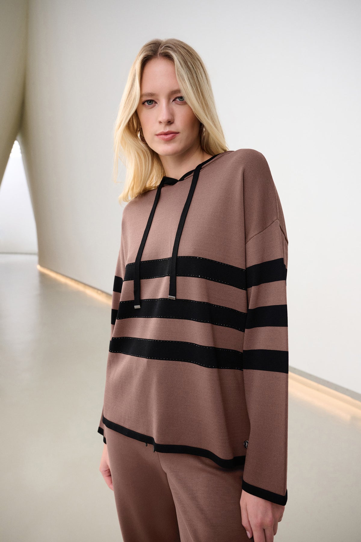 Joseph Ribkoff Mink/Black Sweater Knit Striped Hooded Sweater