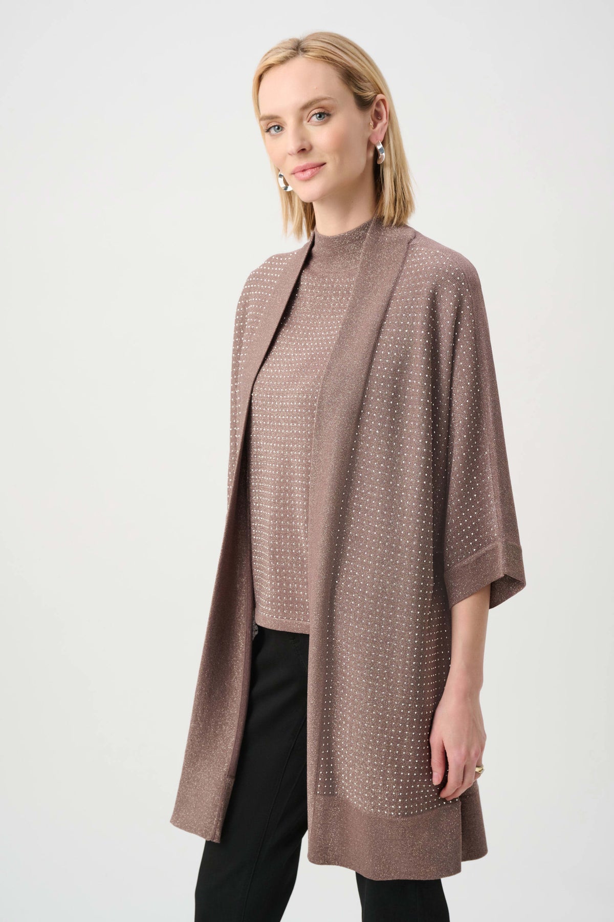 Joseph Ribkoff Mink/Gold Sweater Knit Cover-Up with Iron-On Detail