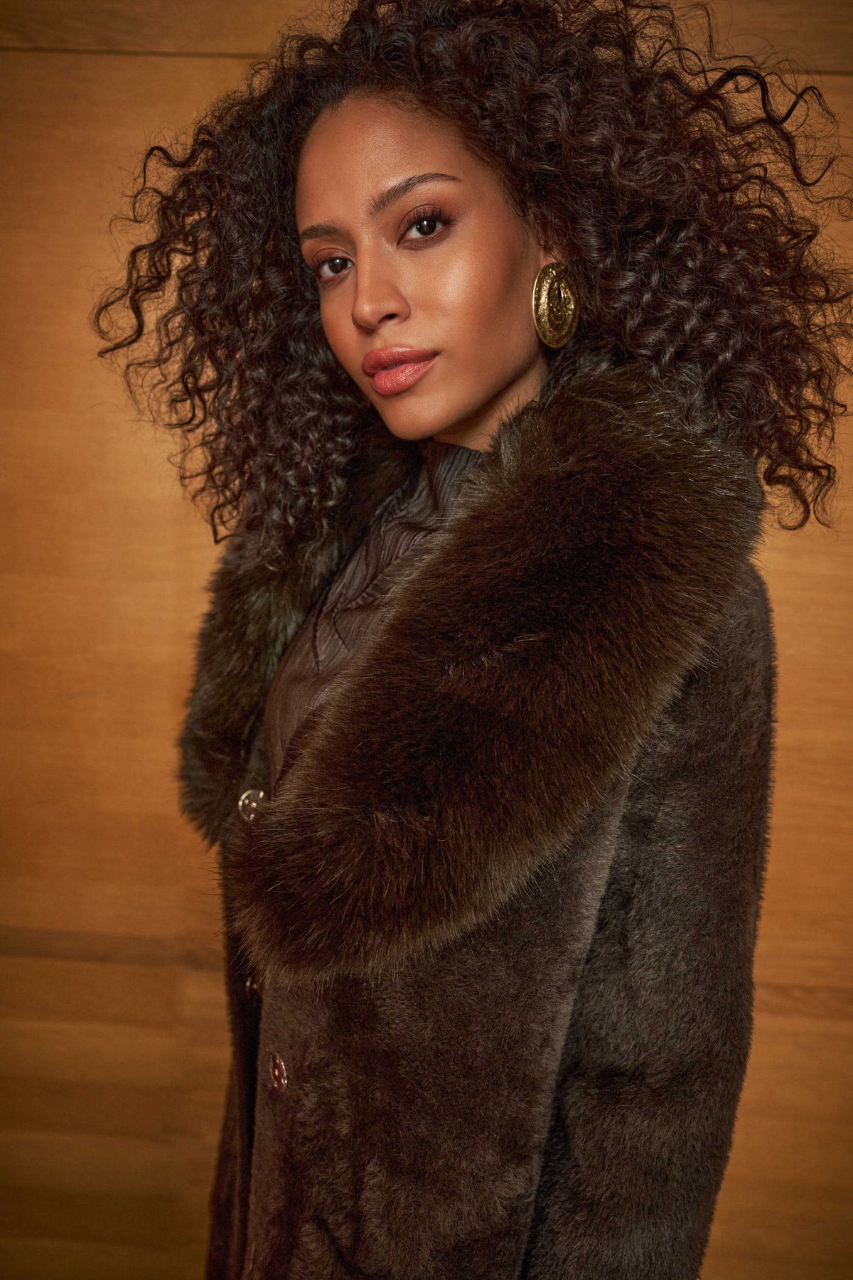 Joseph Ribkoff Mocha Feather Yarn Knit Coat With Detachable Faux Fur Collar