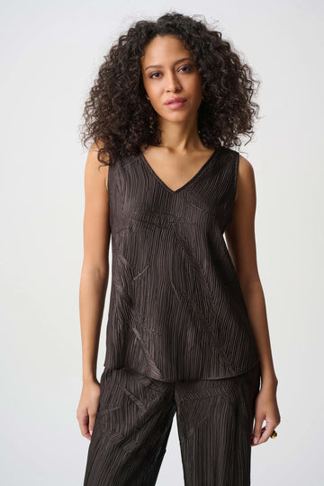 Joseph Ribkoff Mocha Pleated Satin Flared V-Neck Top