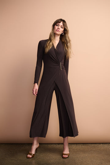 Joseph Ribkoff Mocha Silky Knit Wide Leg Wrap Jumpsuit with Ornament Detail