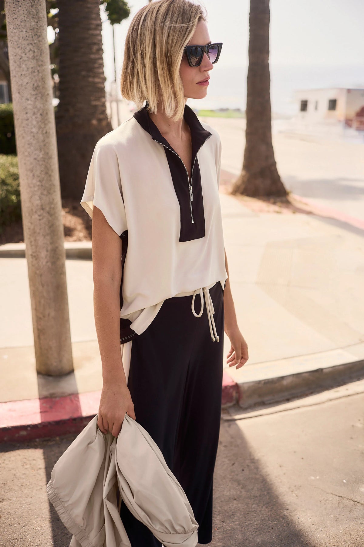 Joseph Ribkoff Moonstone/Black Silky Knit Color Block Straight Top With Zipped Collar