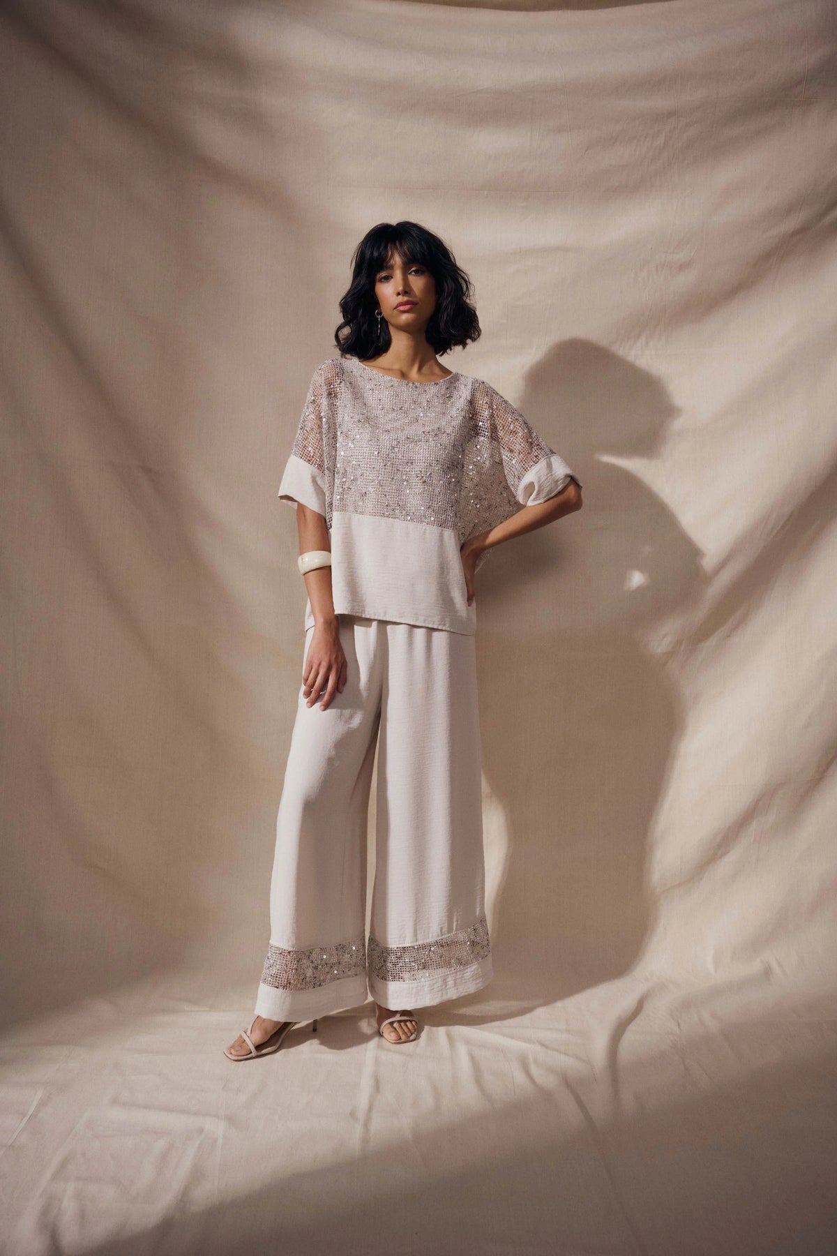 Joseph Ribkoff Moonstone Gauze Pull-On Culotte Pants With Sequined Mesh Inserts