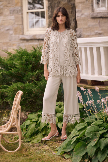 Joseph Ribkoff Moonstone Silky Knit Culotte Pants With Guipure Lace Hem