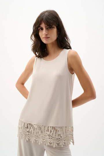 Joseph Ribkoff Moonstone Silky Knit Sleeveless Top With Guipure Lace Hem