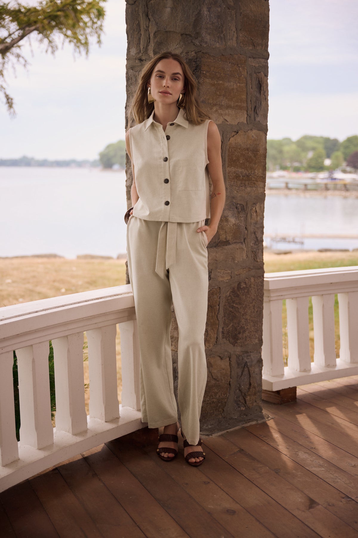 Joseph Ribkoff Natural Linen Woven Pull-On Wide Leg Pants