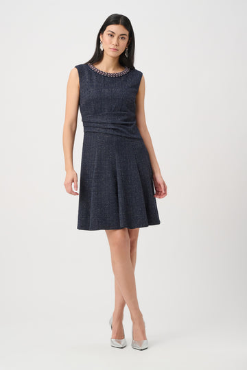 Joseph Ribkoff Navy/Black Lurex Boucle Flounce Dress with Pearl Trim