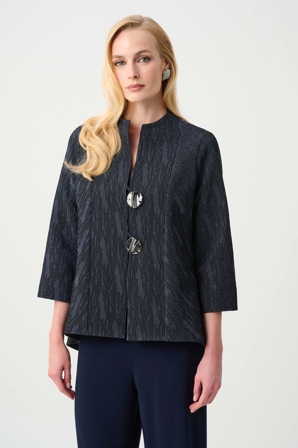 Joseph Ribkoff Navy Signature | Foil-Textured Jacquard Trapeze Jacket