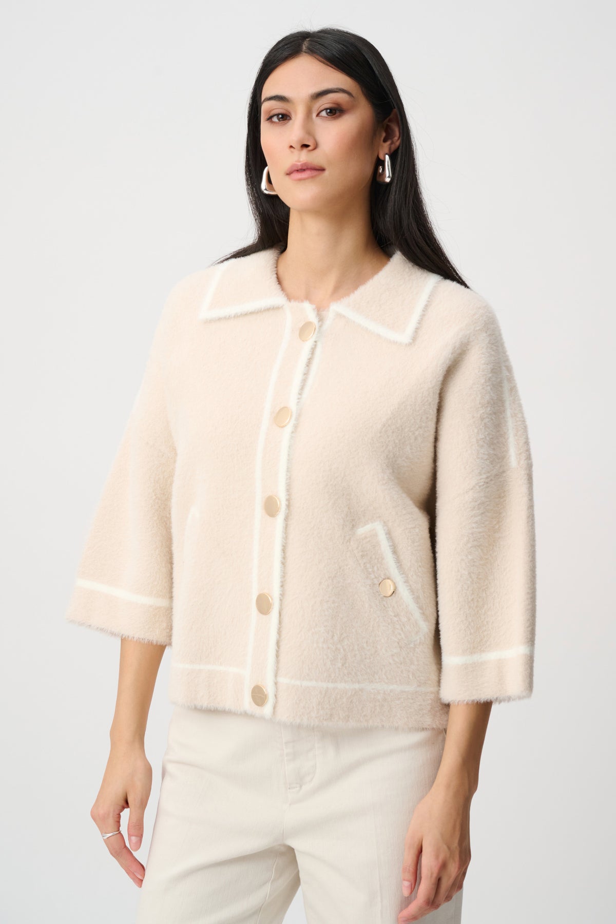 Joseph Ribkoff Oatmeal/Winter White Feather Yarn Knit Boxy Jacket