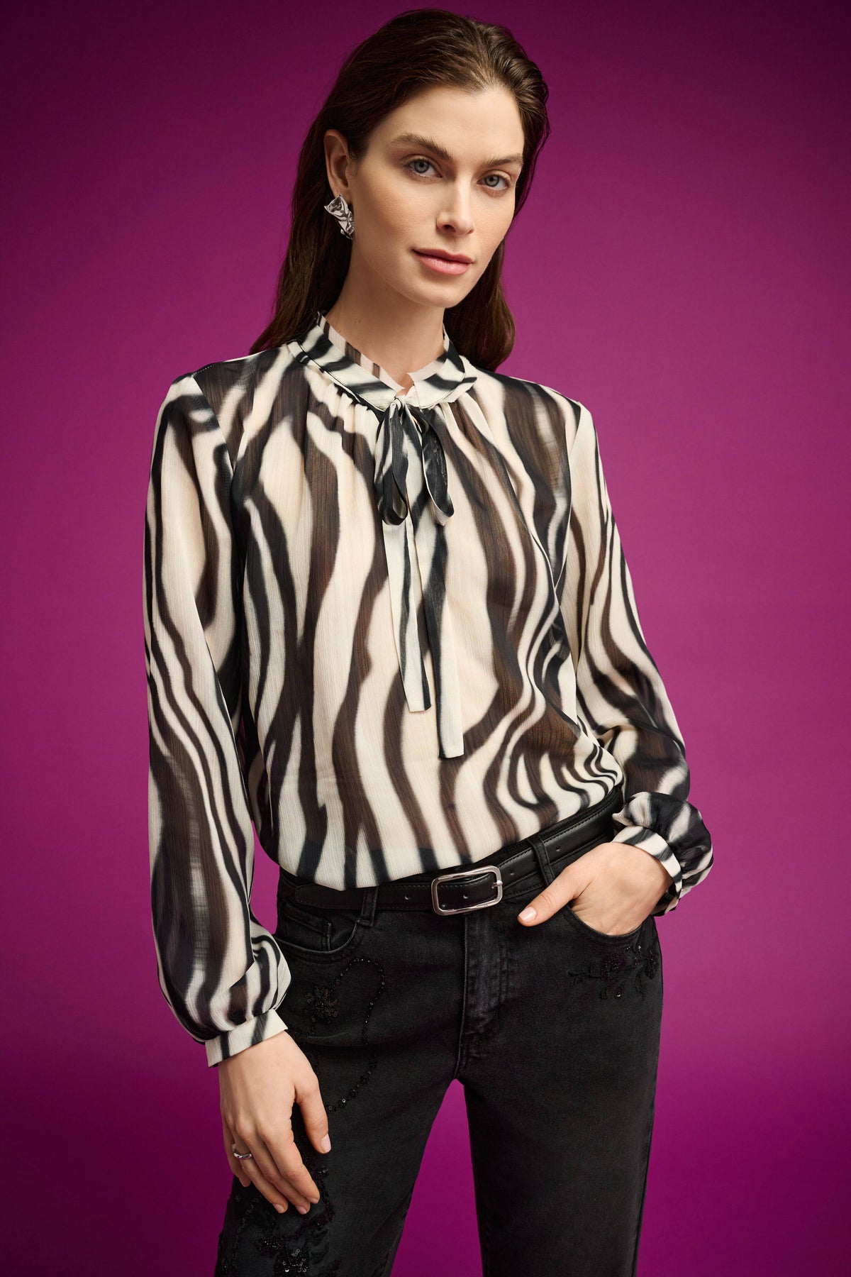Joseph Ribkoff Off White/Black Animal Print Chiffon Tie-Neck Blouse