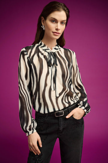 Joseph Ribkoff Off White/Black Animal Print Chiffon Tie-Neck Blouse
