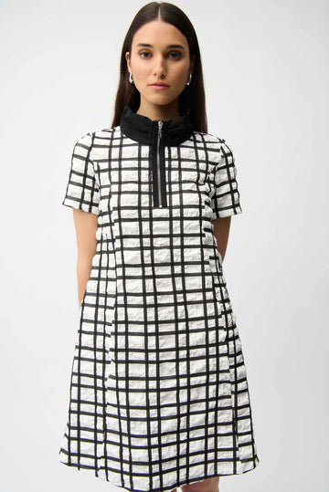 Joseph Ribkoff Off White/Black Jacquard Plaid Print A-line Dress With Contrast Detail
