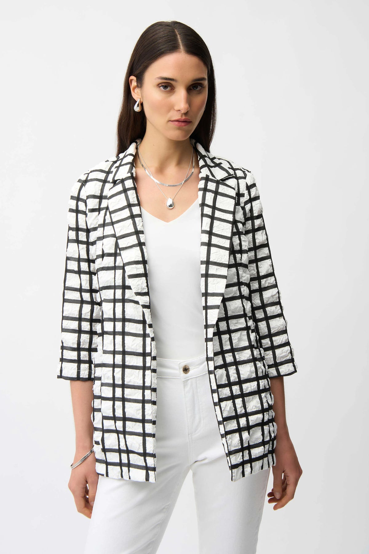 Joseph Ribkoff Off White/Black Jacquard Plaid Print Boxy Blazer With Notched Collar