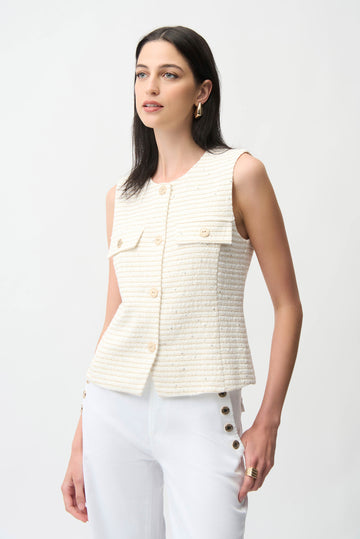 Joseph Ribkoff Off White/Gold Bouclé Fitted Vest With Gold Buttons