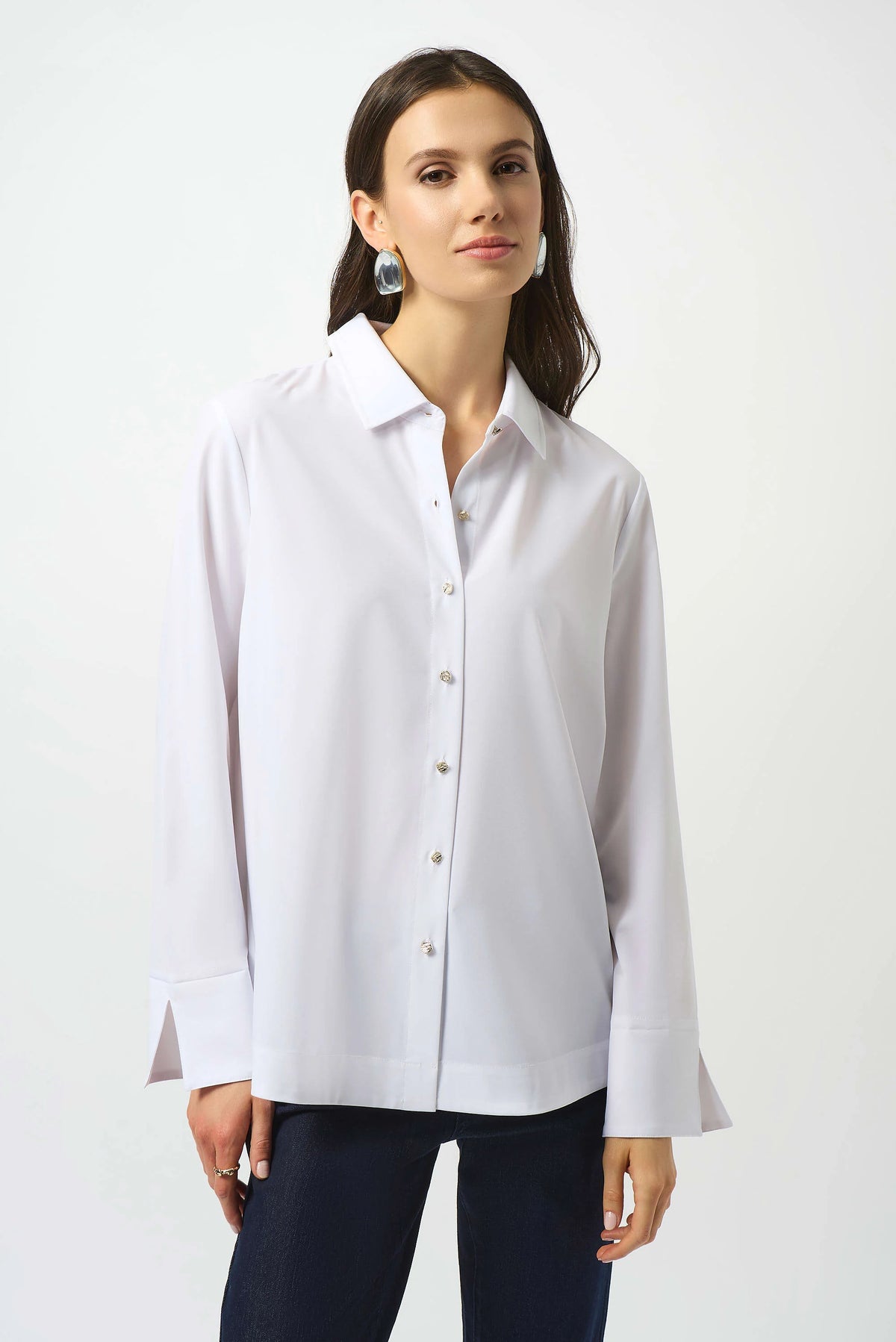 Joseph Ribkoff Optic White Stretch Poplin Button-Front Boxy Blouse