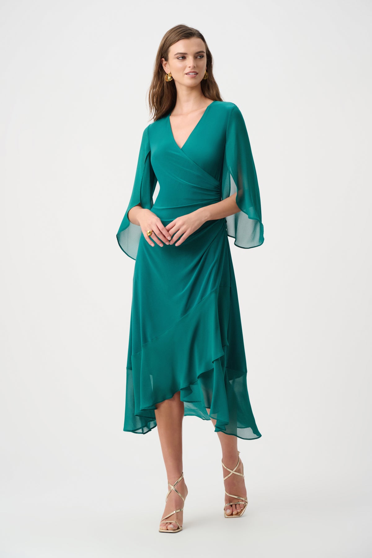 Joseph Ribkoff Opulent Green Signature | Silky Knit And Chiffon Fit And Flare Wrap Dress