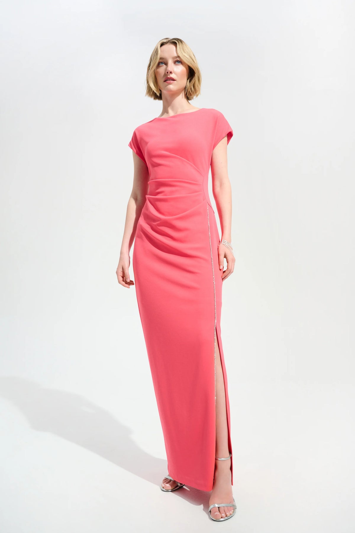 Joseph Ribkoff Paradise Coral Signature | Scuba Crepe Sheath Gown With Rhinestones Piping