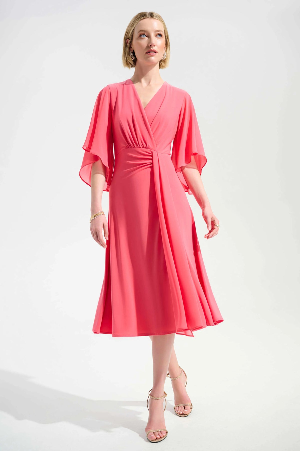 Joseph Ribkoff Paradise Coral Signature | Silky Knit Fit and Flare Dress With Chiffon Draped Sash