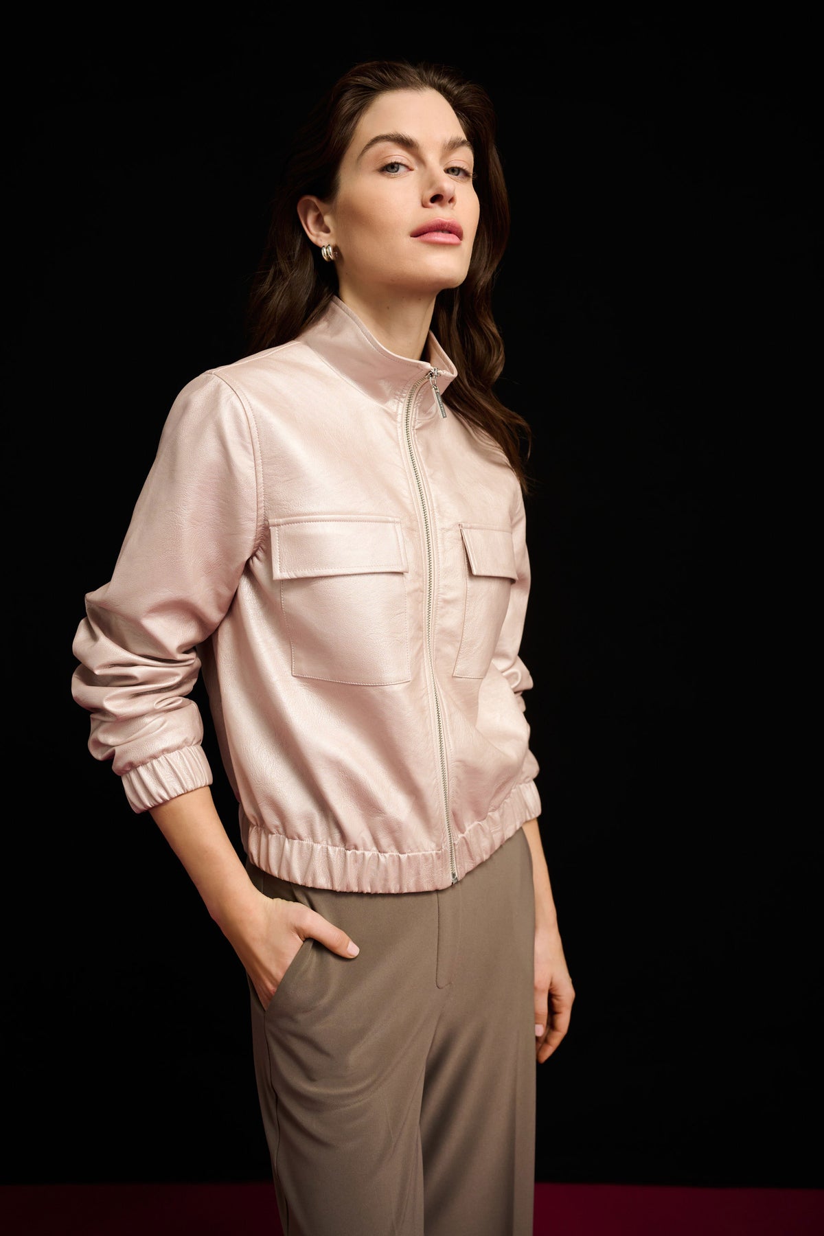 Joseph Ribkoff Pearl Blush Metallic Leatherette Bomber Jacket