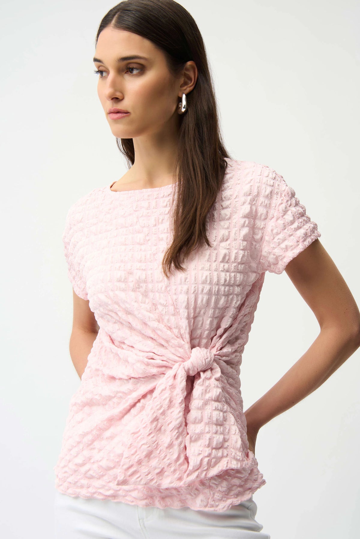 Joseph Ribkoff Petal Pink Bubble Jacquard Fitted Top With Sash Knot