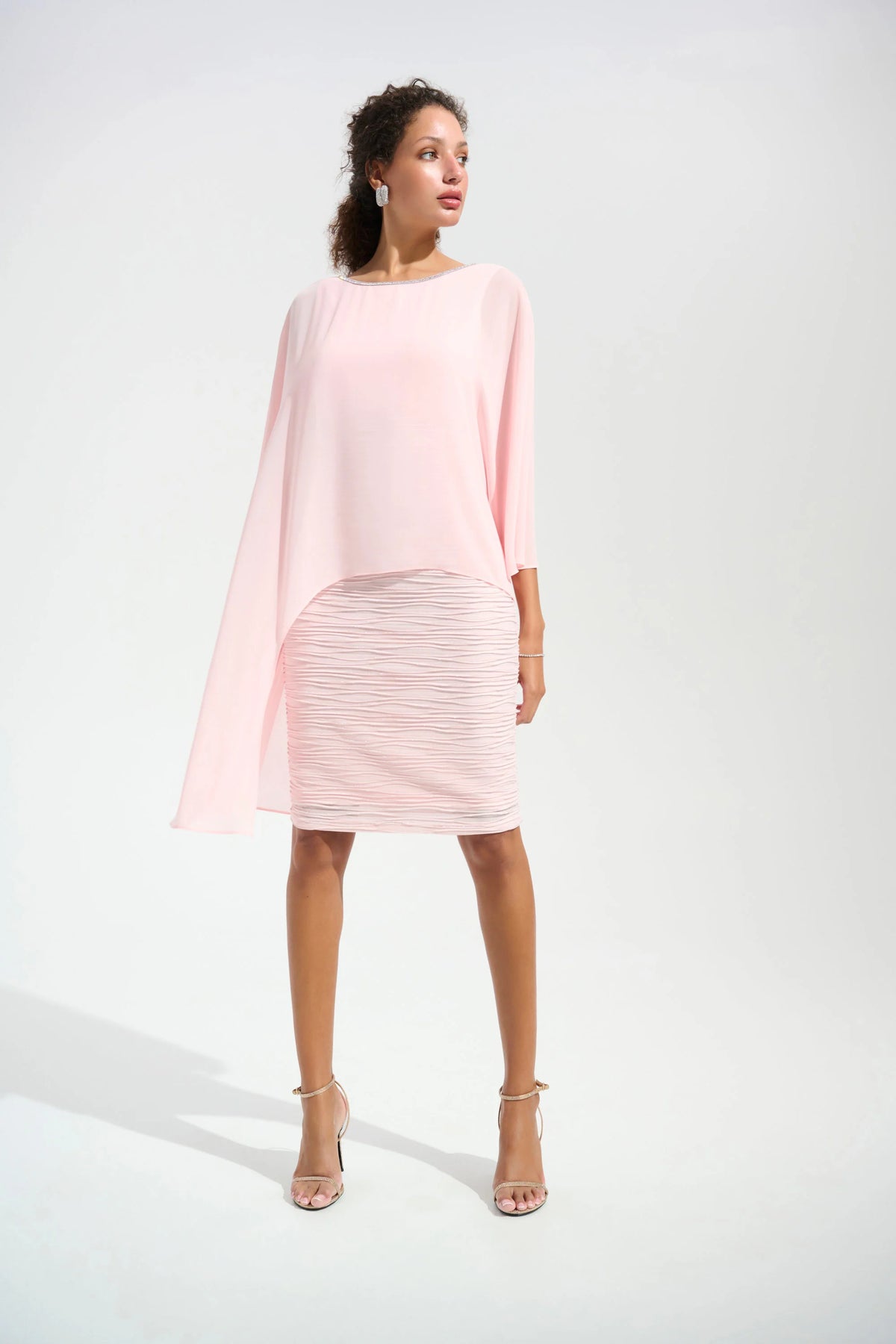 Joseph Ribkoff Petal Pink Signature | Cascade Knit Sheath Dress With Chiffon Poncho Overlay