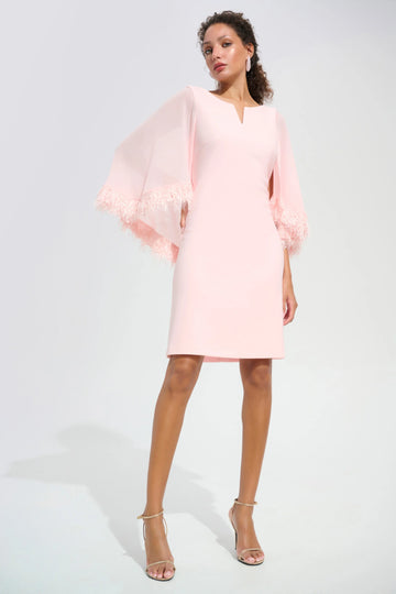 Joseph Ribkoff Petal Pink Signature | Silky Knit A-Line Dress With Chiffon Cape And Novelty Trim