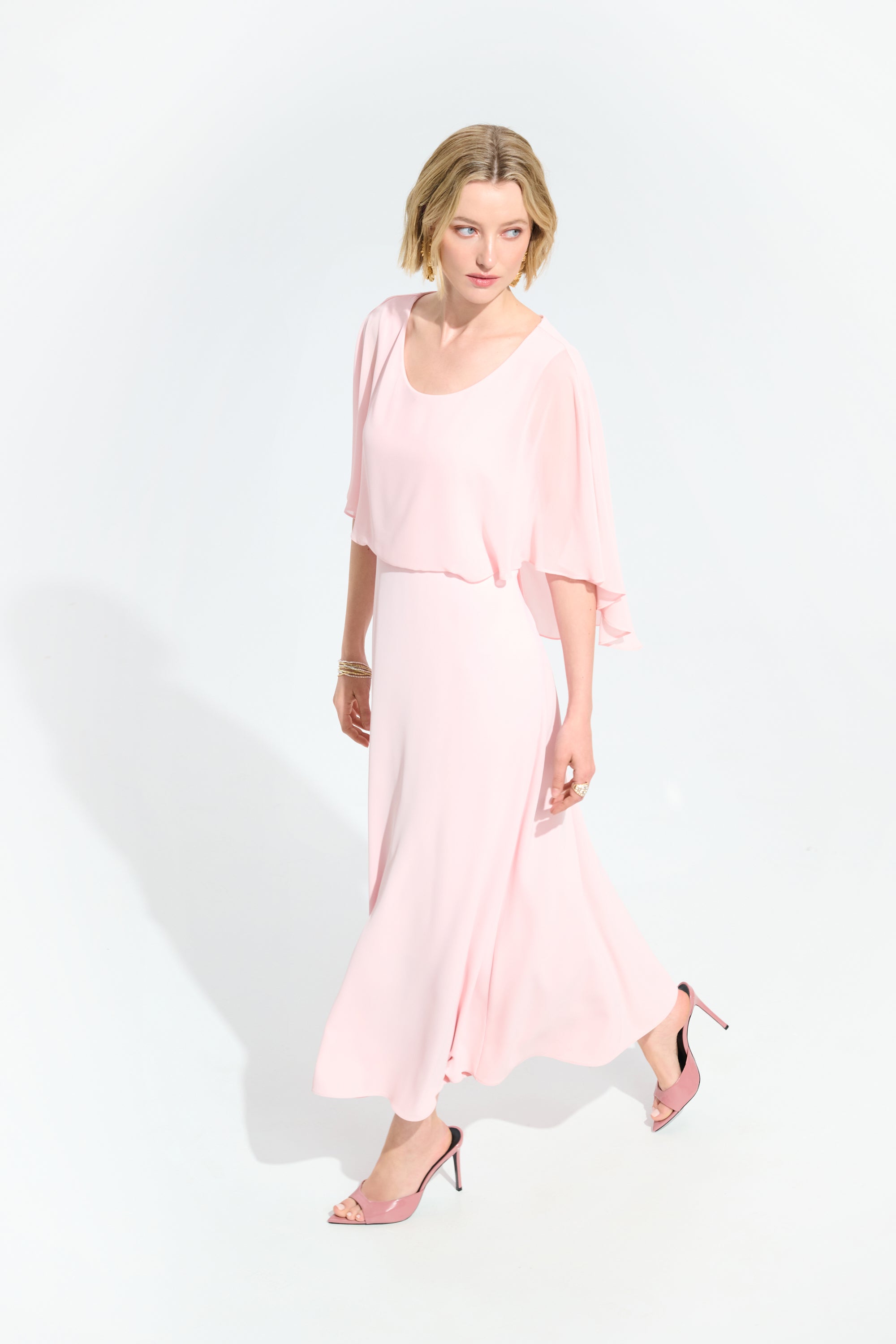 Joseph Ribkoff Petal Pink Signature | Woven Twill A-Line Dress With Chiffon Overlay