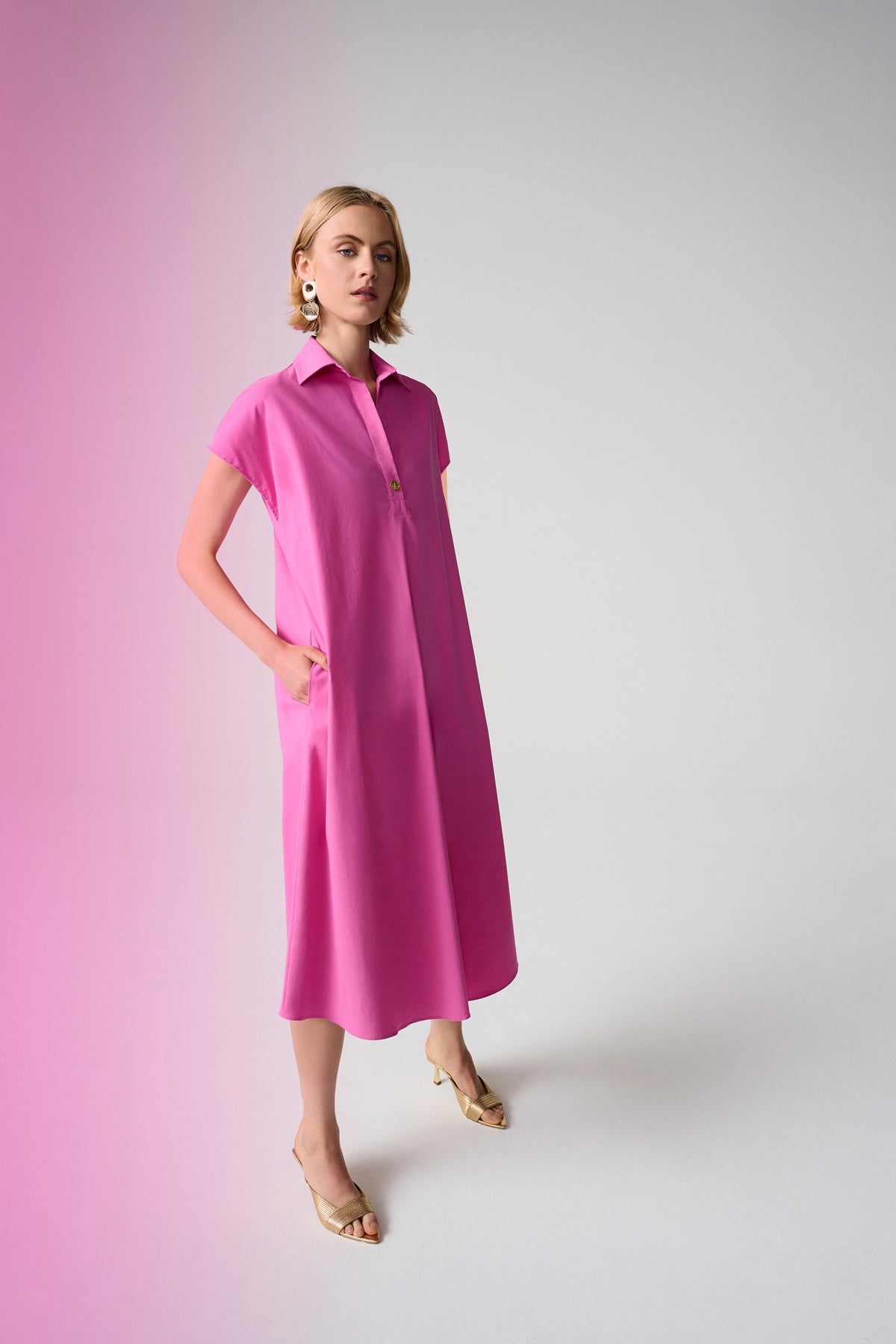 Joseph Ribkoff Pink Sherbet Stretch Poplin Trapeze Shirt Dress