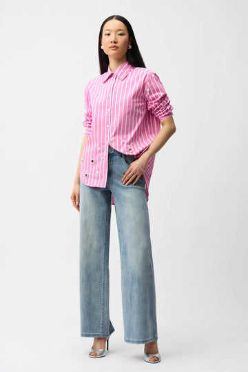 Joseph Ribkoff Pink Sherbett/Vanilla Stretch Cotton Stripe Print Boxy Blouse With Rhinestones
