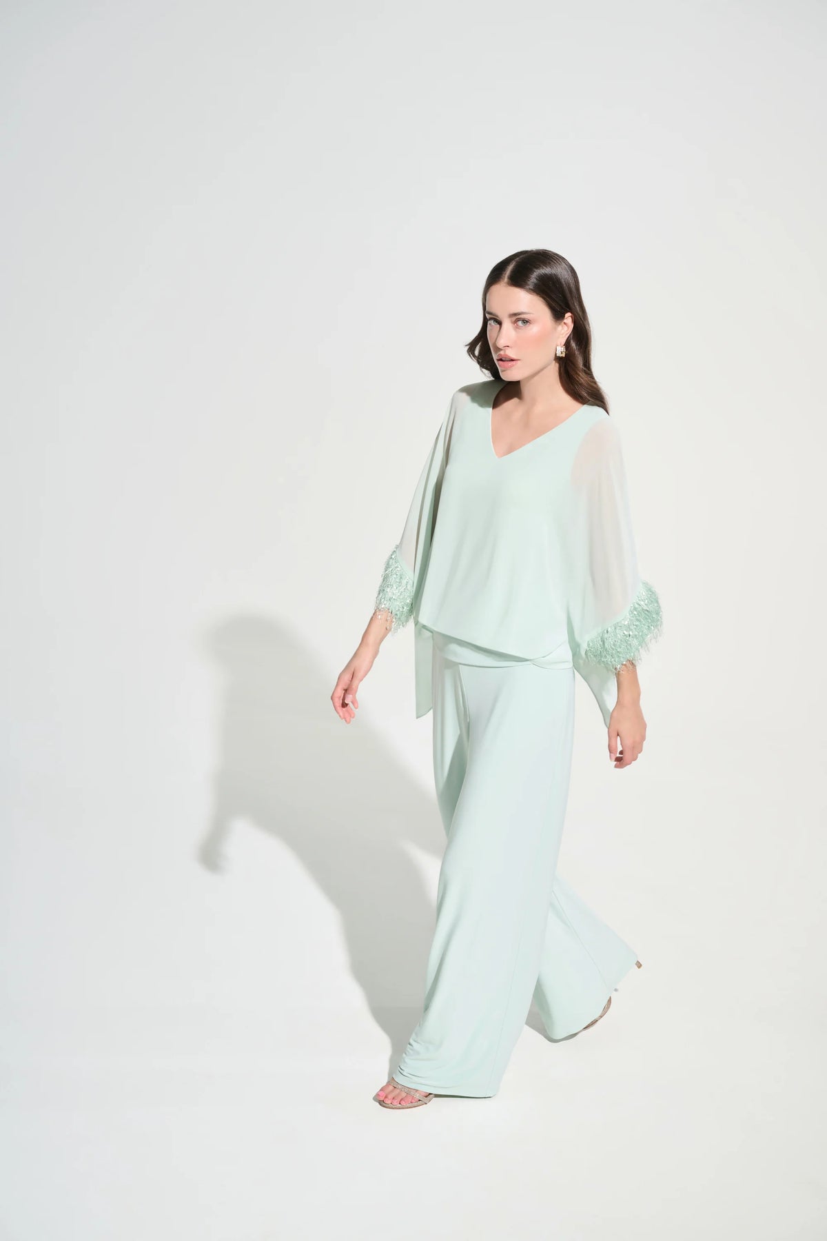 Joseph Ribkoff Pistachio Signature | Chiffon Knit Poncho Top With Novelty Trim