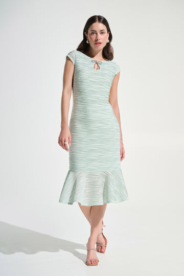 Joseph Ribkoff Pistashio Signature | Lurex Cascade Flounce Dress With Rhinestone Bow