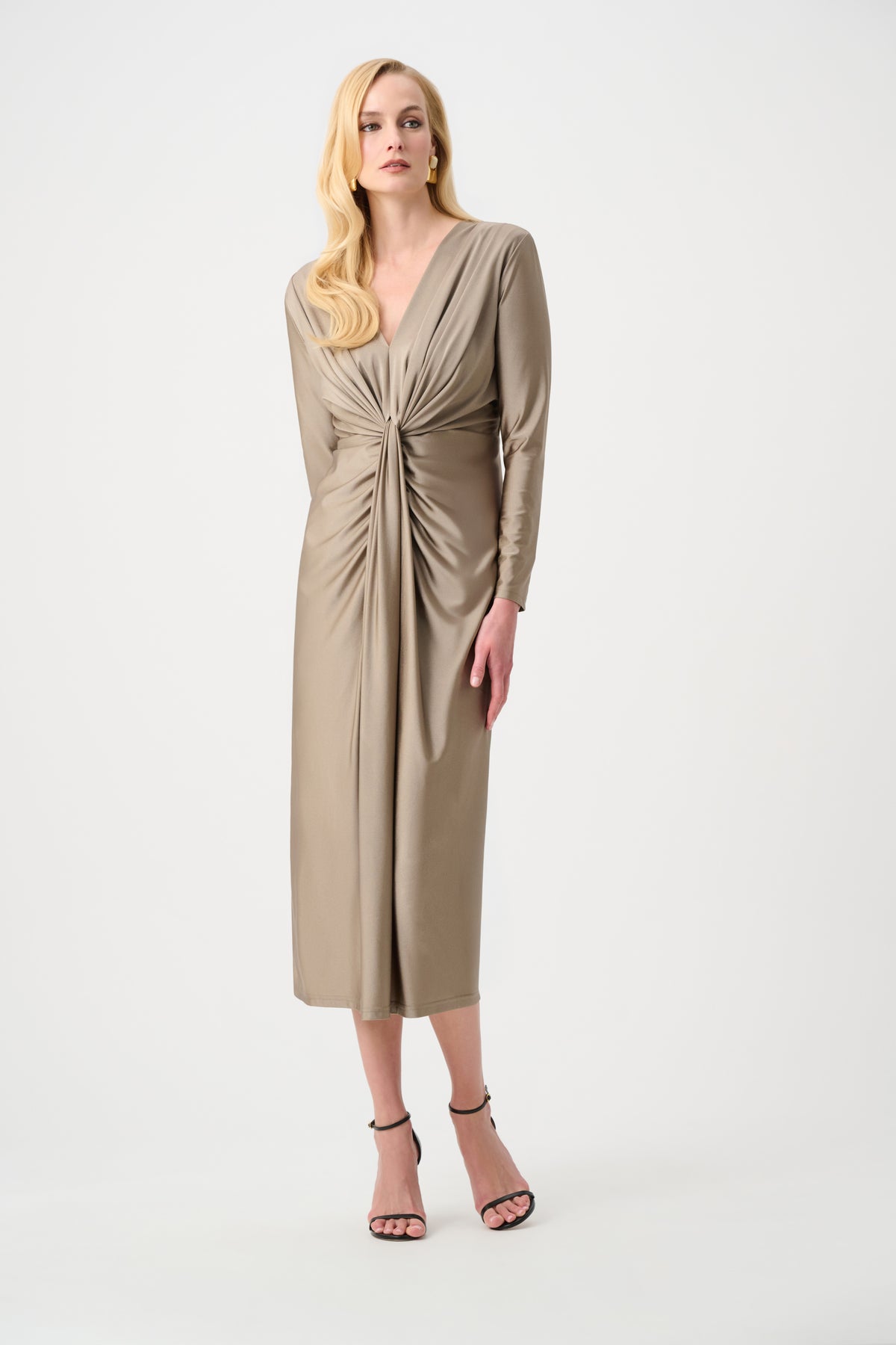 Joseph Ribkoff Platnium Grey Signature | Satin Effect Knit Draped V-Neck Sheath Dress