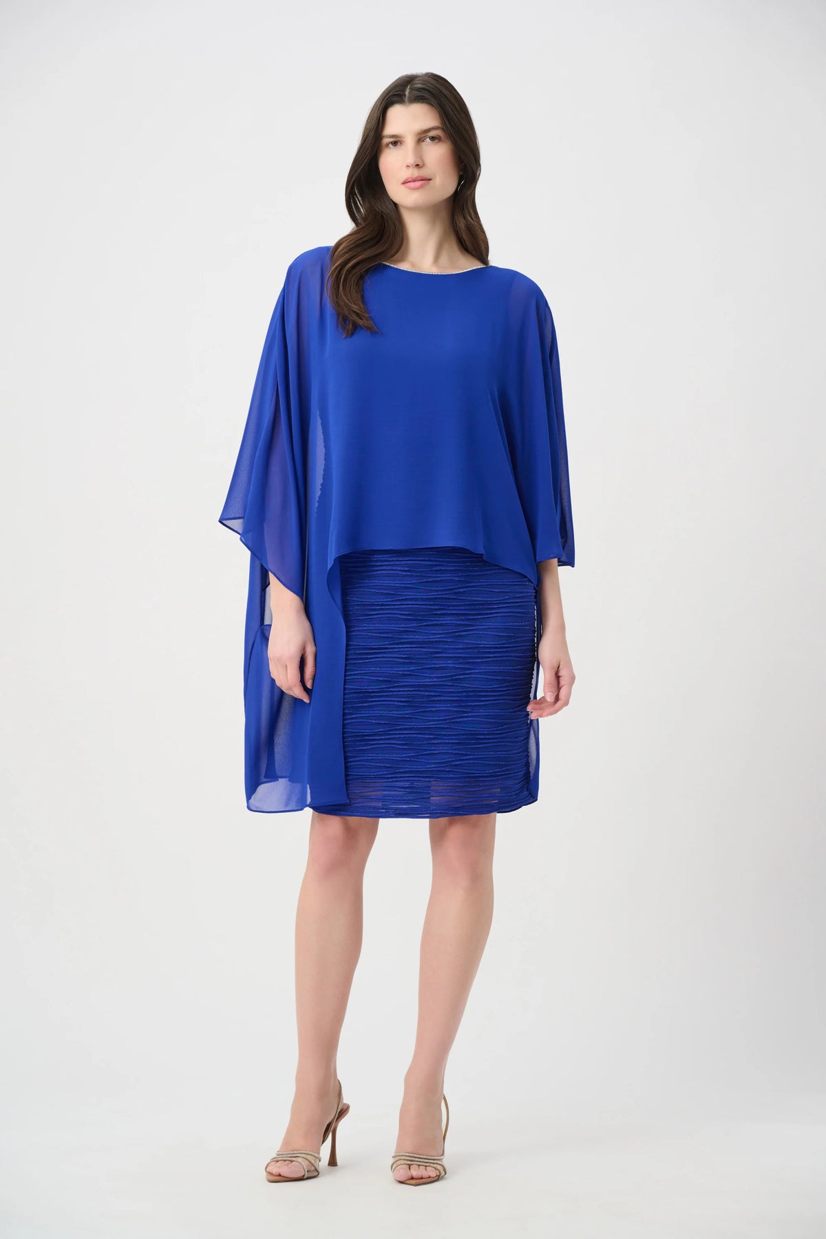 Joseph Ribkoff Royal Saphire Signature | Cascade Knit Sheath Dress With Chiffon Poncho Overlay
