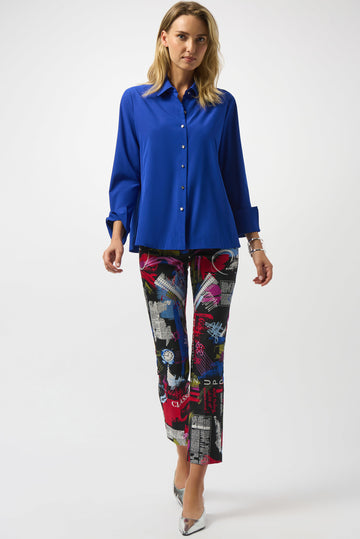 Joseph Ribkoff Royal Saphire Stretch Poplin Button-Front Boxy Blouse