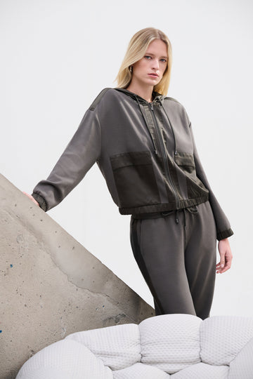Joseph Ribkoff Scuba Jersey And Satin Hooded Boxy Jacket