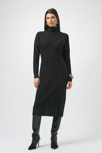 Joseph Ribkoff Black Sequined Sweater Knit Turtleneck Sheath Dress