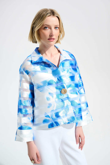Joseph Ribkoff Signature | Jacquard Organza Floral Print Trapeze Jacket With Statement Button